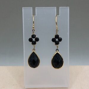 Vintage gold over sterling silver 925 long dangle drop black stone earrings.